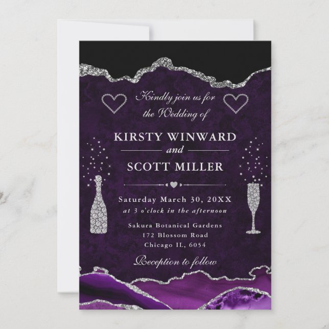 Invitation Mariage de marbre d'agate violet et argent paillet (Devant)