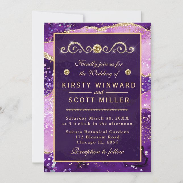Invitation Mariage de marbre d'agate violet et or pailleté (Devant)