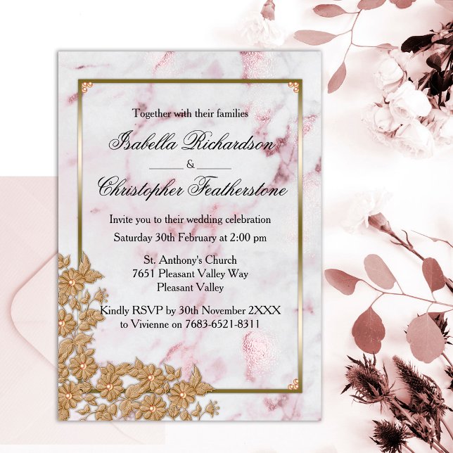 Invitation Mariage de marbre rose et perles d'or (Créateur téléchargé)
