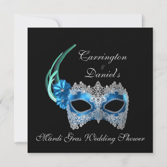 Invitation "Mariage de Mardi Gras" - Masque Turquoise avec La (Devant)