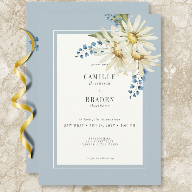 Invitation Mariage de marguerites bleues et blanches rustique (Rustic Blue & White Daisies Wedding Invitation)