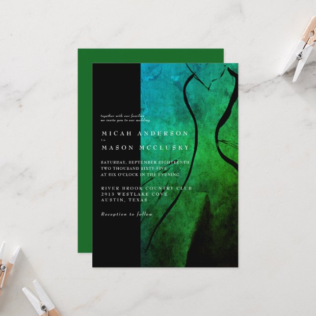 Invitation Mariage de Mariage vert contemporain (Devant/Arrière en situation)