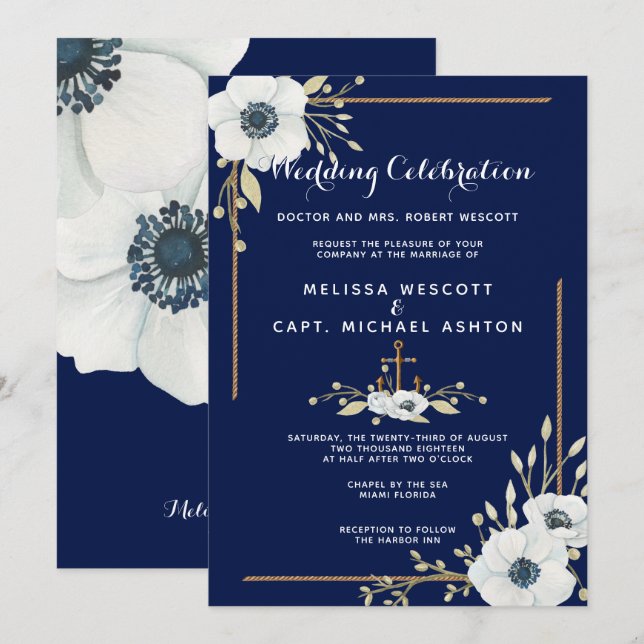 Invitation Mariage de marine nautique de l'anémone blanc (Devant / Derrière)