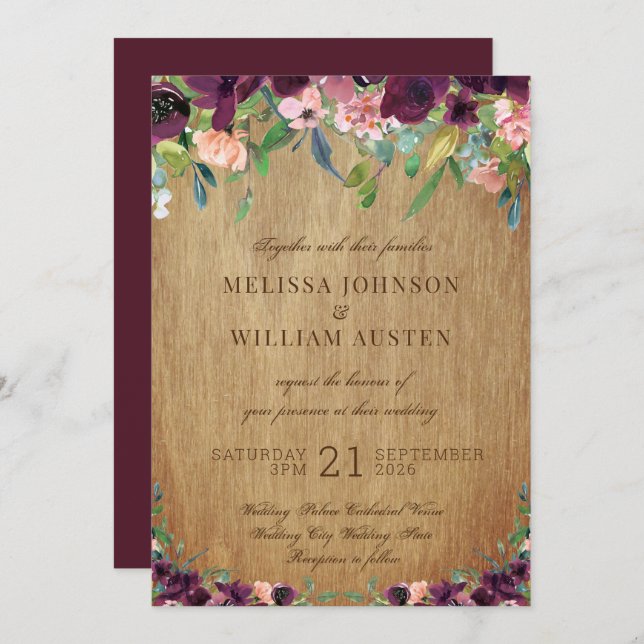 Invitation Mariage de marsala de bois rustique (Devant / Derrière)