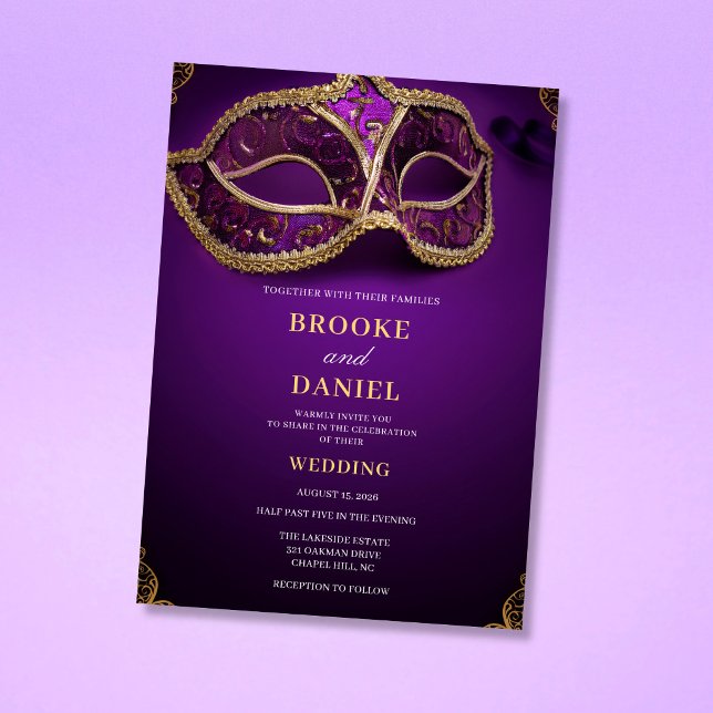 Invitation Mariage de Mascarade avec Cadre Violet Royal et Or (Créateur téléchargé)