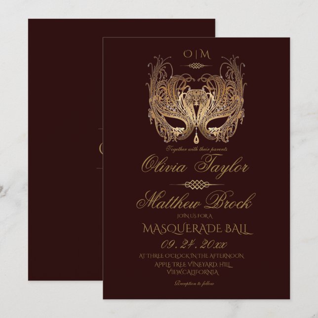 Invitation Mariage de mascarade de la Bourgogne d'or (Devant / Derrière)