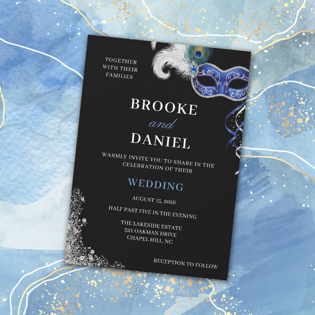 Invitation Mariage de Mascarade Élégant Argent et Bleu (Créateur téléchargé)