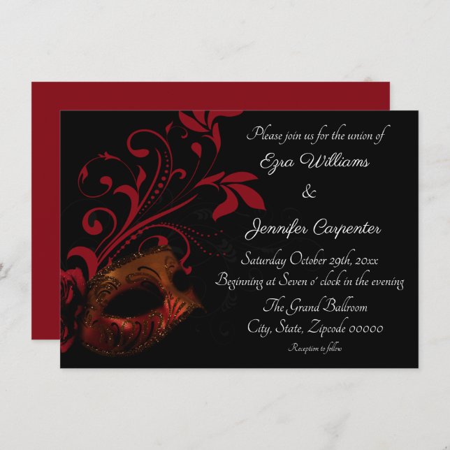 Invitation Mariage de mascarade Floral Rouge (Devant / Derrière)