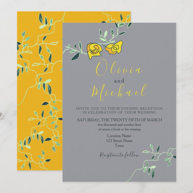 Invitation Mariage de Minimonie Jaune Floral et Gris (Devant / Derrière)