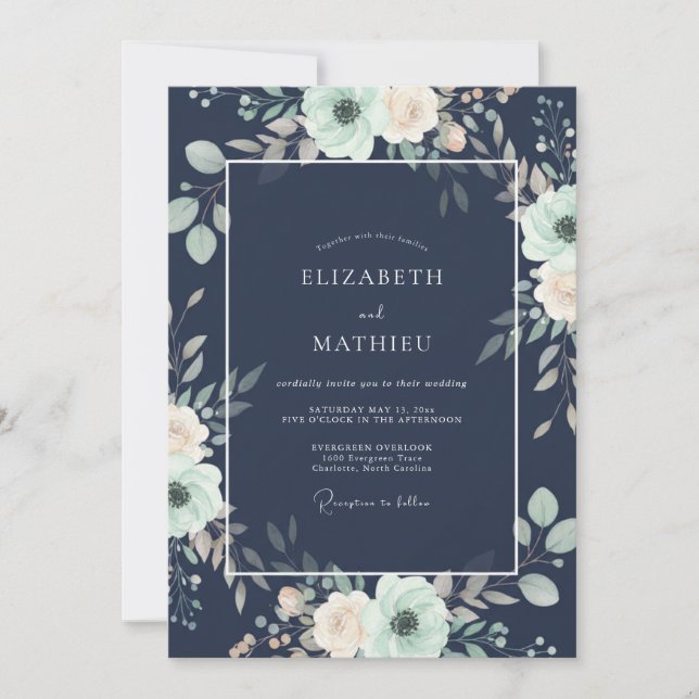 Invitation Mariage de minuit au bleu eucalyptus (Devant)