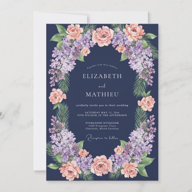 Invitation Mariage de minuit au corail et lilas eucalyptus (Devant)