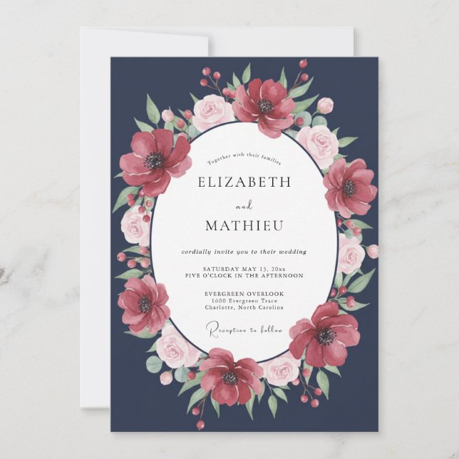 Invitation Mariage de minuit au crimson Ranunculus Eucalyptus (Devant)