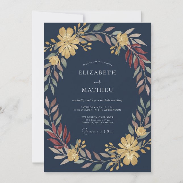 Invitation Mariage de minuit au feuillage de moutarde grise E (Devant)