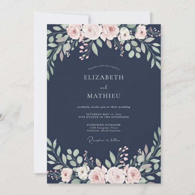 Invitation Mariage de minuit aux feuillages de pêche et eucal (Devant)