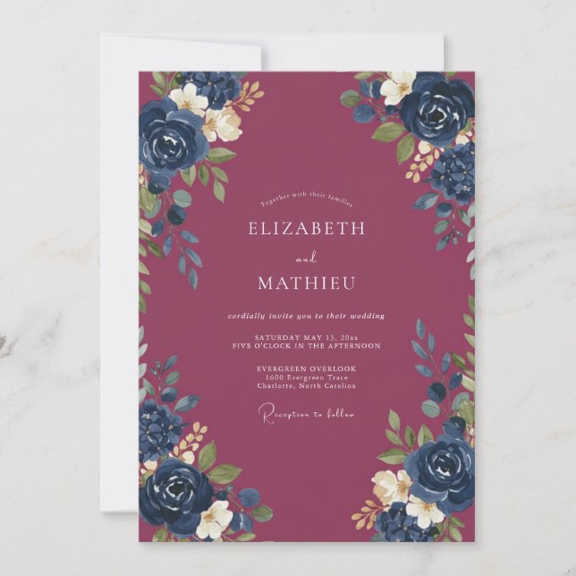 Invitation Mariage de minuit aux pivoines prune (Devant)