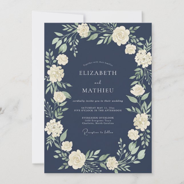 Invitation Mariage de minuit doux ivoire feuillu (Devant)