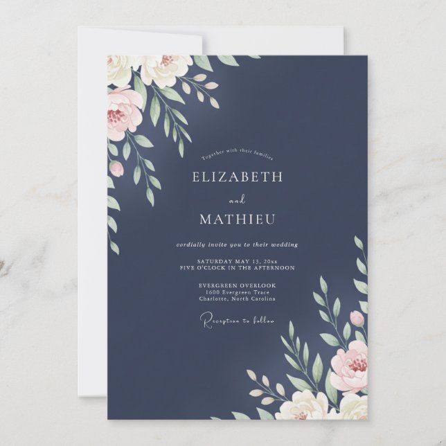 Invitation Mariage de minuit ivoire feuillu (Devant)