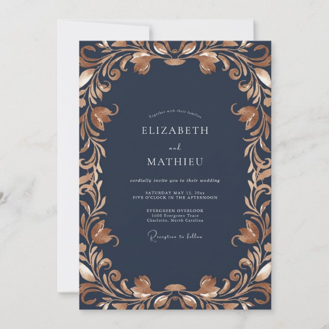 Invitation Mariage de minuit or filigrane eucalyptus assourdi (Devant)