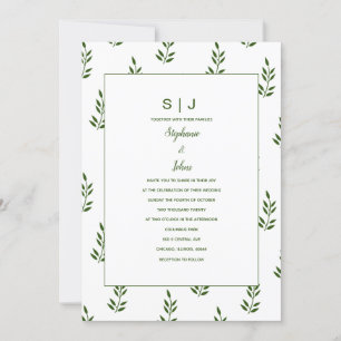 Invitation Mariage de monogramme blanc à feuillage persistant
