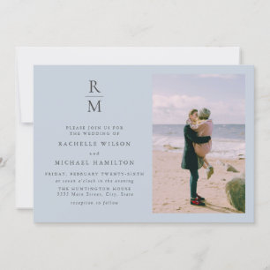 Invitation Mariage de Monogramme Blanc Bleu Photo Chic