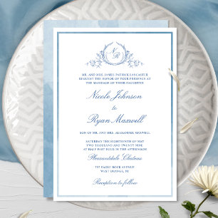 Invitation Mariage de monogramme bleu classique