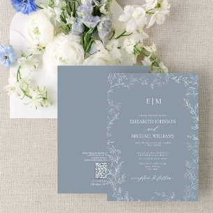 Invitation Mariage de monogramme bleu Dusty de la feuille de