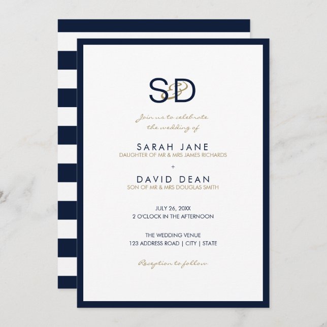 Invitation Mariage de monogramme bleu et blanc de la marine (Devant / Derrière)