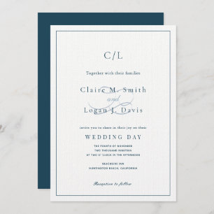 Invitation Mariage de monogramme bleu marine minimaliste clas