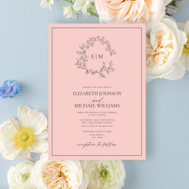 Invitation Mariage de Monogramme bleu marine moderne Blush Pi (Créateur téléchargé)