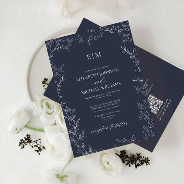 Invitation Mariage de monogramme bleu marine QR Code Elegant  (Créateur téléchargé)