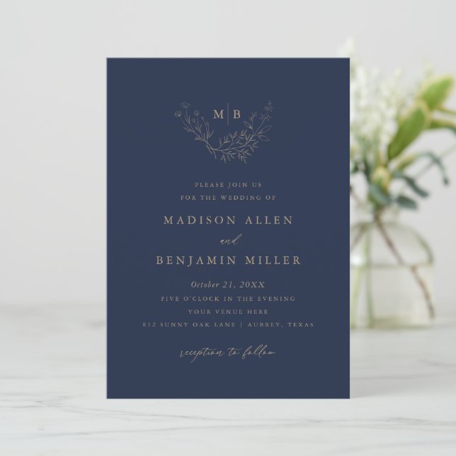 Invitation Mariage de monogramme botanique minimal de la Mari (Debout devant)
