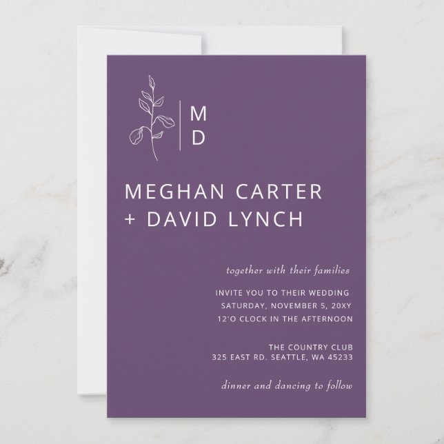 Invitation Mariage de monogramme botanique pourpre (Devant)