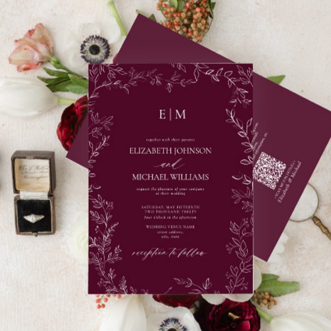 Invitation Mariage de monogramme Bourgogne à feuilles élégant (Créateur téléchargé)