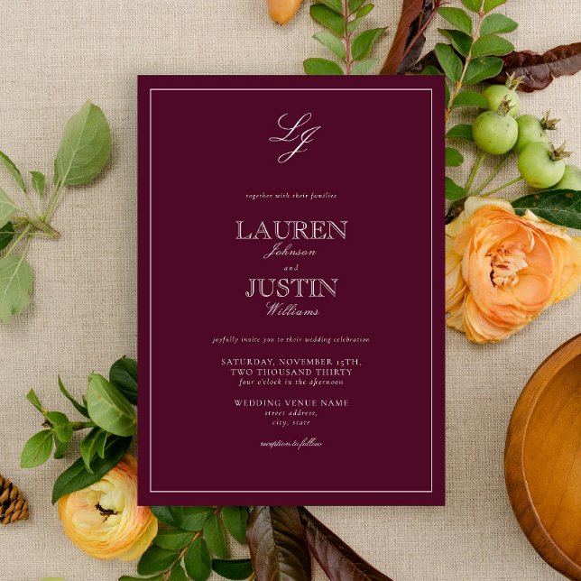 Invitation Mariage de monogramme classique en Bourgogne (Créateur téléchargé)