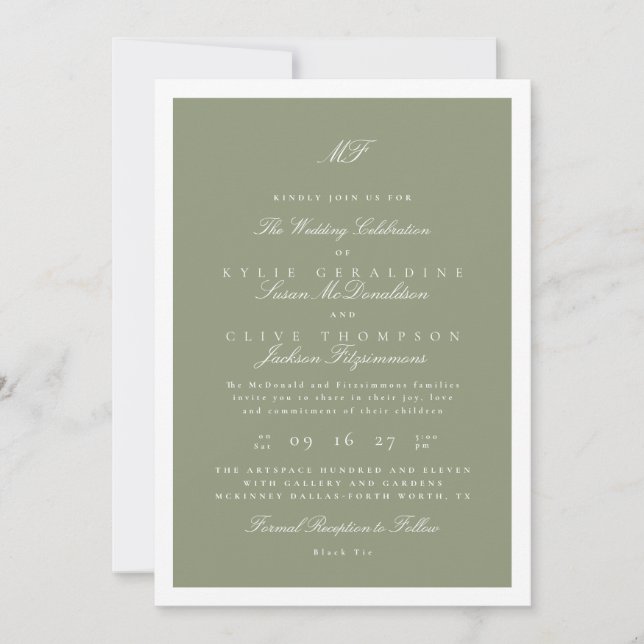 Invitation Mariage de monogramme classique Sage encadré blanc (Devant)