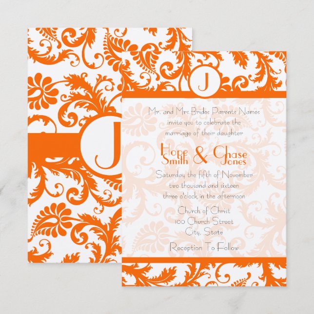 Invitation Mariage de monogramme damassé orangeRSVP (Devant / Derrière)