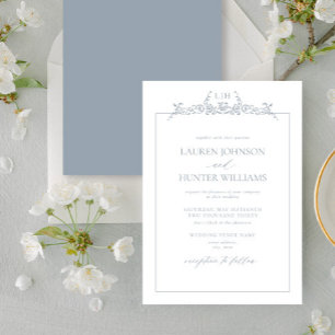 Invitation Mariage de monogramme de bordure bleu-dusty