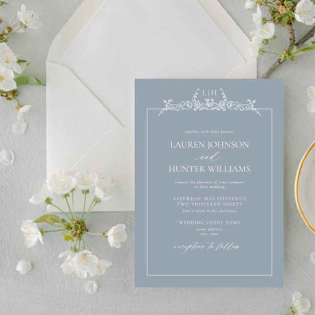 Invitation Mariage de monogramme de bordure bleu-dusty (Créateur téléchargé)
