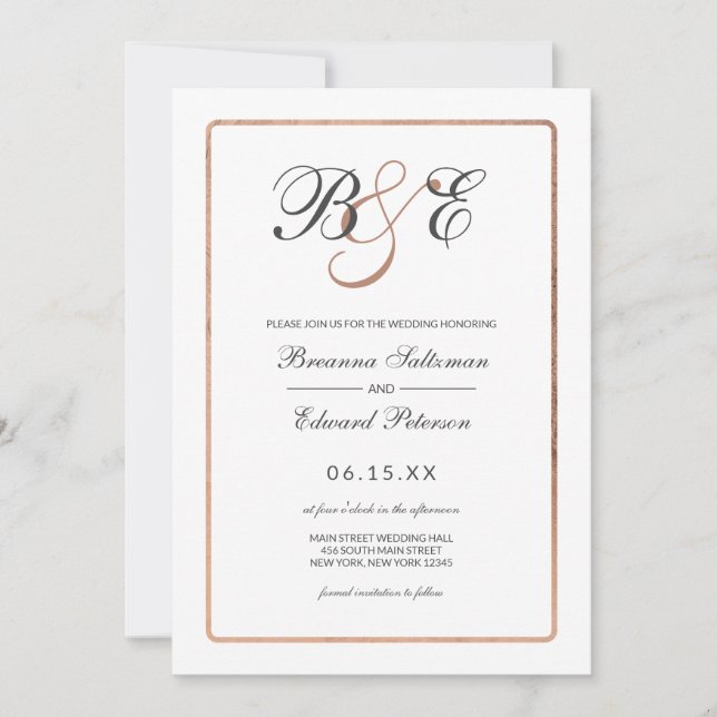 Invitation Mariage de monogramme de bordure en or de Rose bla (Devant)