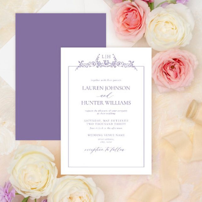 Invitation Mariage de monogramme de bordure florale de lavand (Créateur téléchargé)