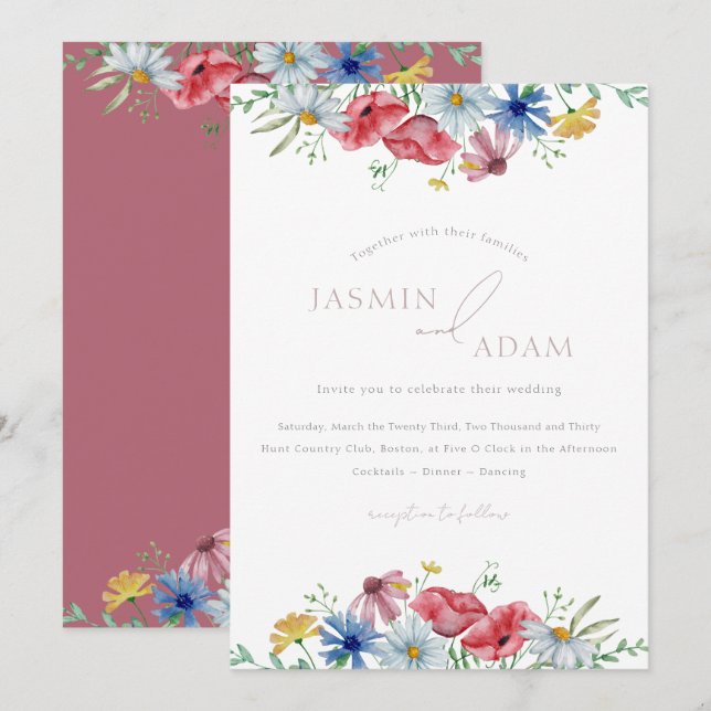 Invitation Mariage de monogramme de coquelicot de fleur sauva (Devant / Derrière)