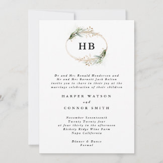Invitation Mariage de monogramme de couronne d'eucalyptus d'o