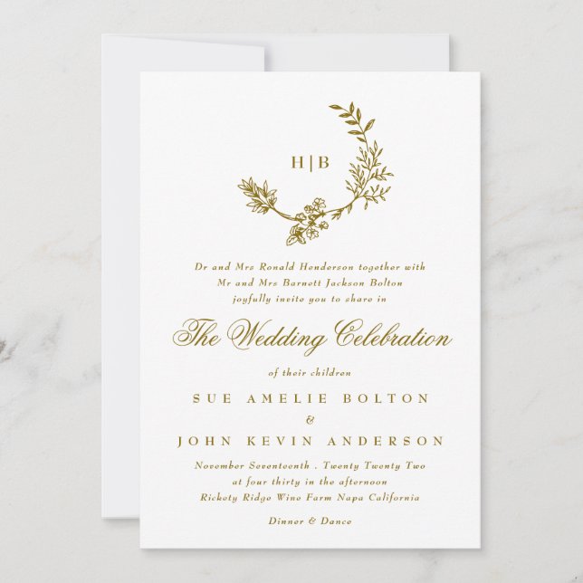 Invitation Mariage de monogramme de couronne florale couleur  (Devant)
