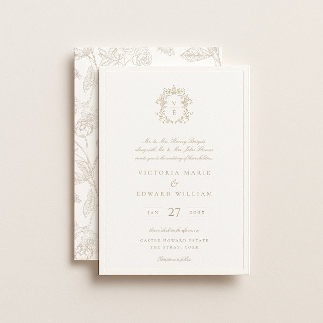 Invitation Mariage de monogramme de crête beige (Créateur téléchargé)
