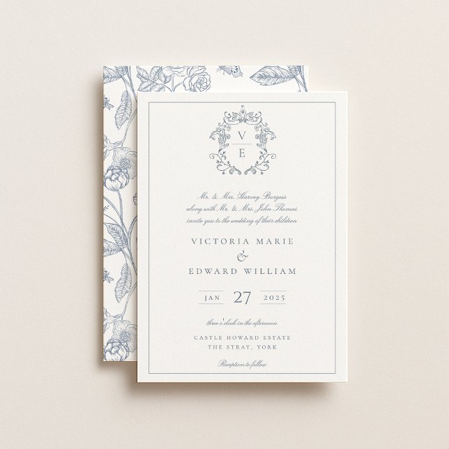 Invitation Mariage de monogramme de crête bleu poussiéreux (Créateur téléchargé)