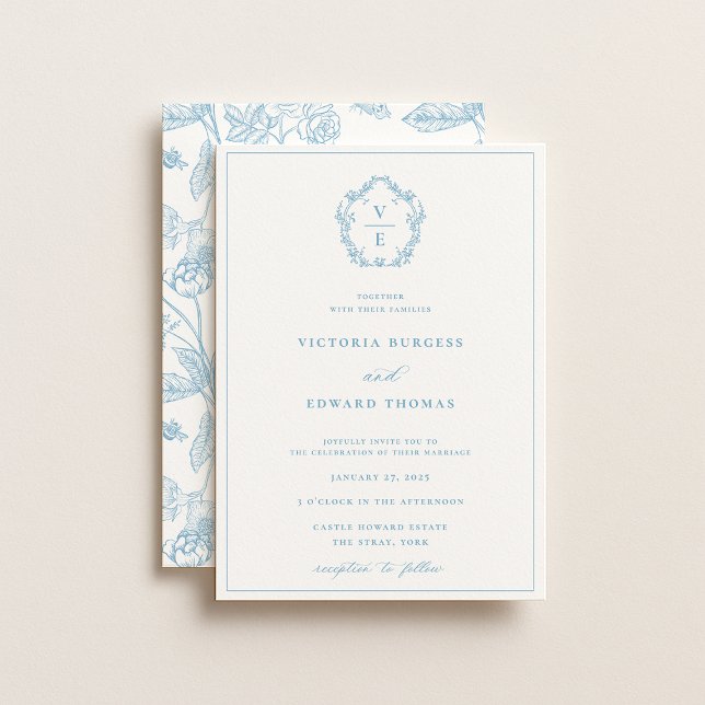 Invitation Mariage de monogramme de crête bleu vintage (Créateur téléchargé)