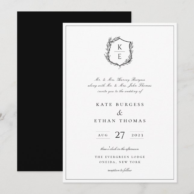 Invitation Mariage de monogramme de crête botanique (Devant / Derrière)