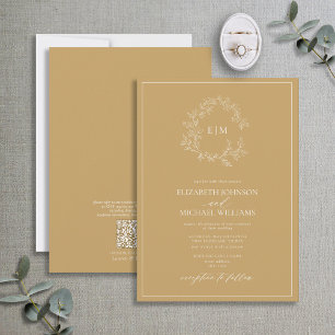 Invitation Mariage de monogramme de crête dorée QR Code