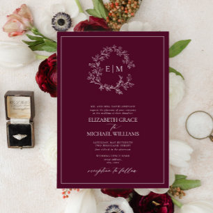 Invitation Mariage de monogramme de crête feuillue de Bourgog