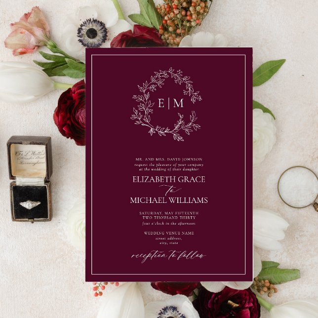 Invitation Mariage de monogramme de crête feuillue de Bourgog (Créateur téléchargé)